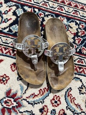 Tory Burch Silver Logo Thong Sandals with Brown Footbed